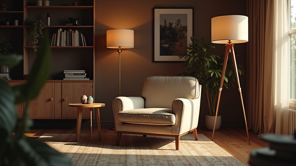 Vue à hauteur d’œil d’un coin lecture avec fauteuil en lin et lampe naturelle