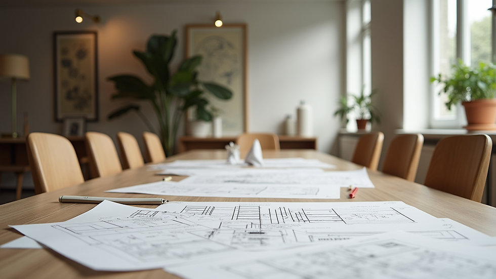 Vue en contre-plongée d’un bureau de designer d’intérieur avec plans et échantillons de matériaux écologiques