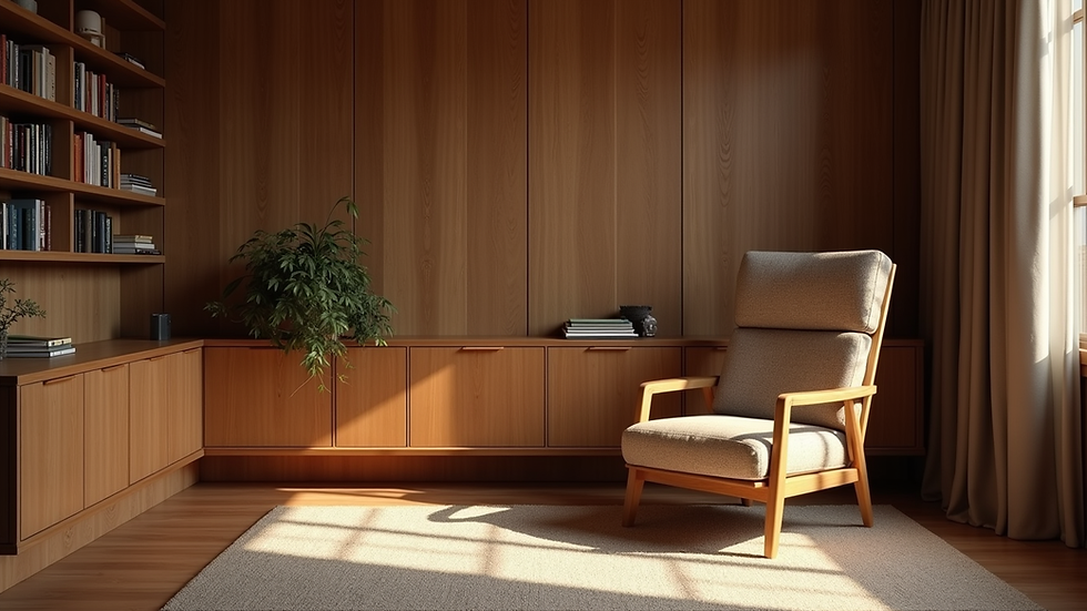 Vue rapprochée d’un coin lecture avec fauteuil en bois et lumière naturelle