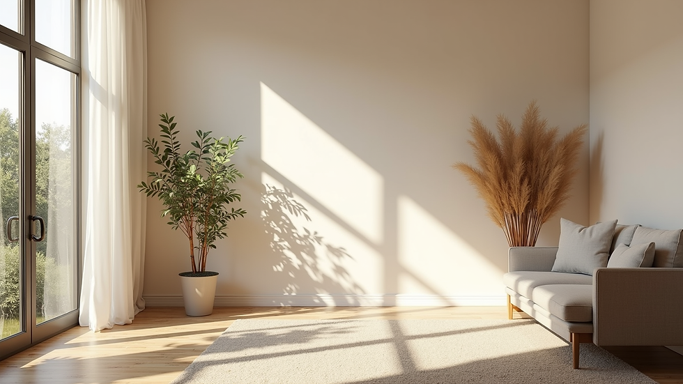 Vue panoramique d’un salon lumineux avec décoration naturelle