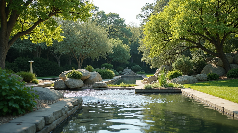 Vue en contre-plongée d’un jardin zen avec pierres et bambous