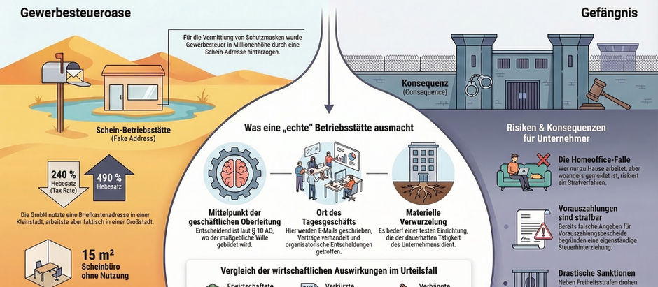 Die Infografik mit dem Titel „Gewerbesteueroase oder Gefängnis? Das BGH-Urteil zur ‚Maskenaffäre‘“ visualisiert die rechtlichen Risiken von Schein-Betriebsstätten . Auf der linken Seite wird eine „Gewerbesteueroase“ als Hütte mit Briefkasten in der Wüste dargestellt, kombiniert mit dem Hinweis auf ein ungenutztes 15-m²-Scheinbüro und dem Vergleich von Gewerbesteuerhebesätzen (240 % vs. 490 %) . Im Zentrum erklärt die Grafik die Merkmale einer „echten“ Betriebsstätte: den Mittelpunkt der geschäftlichen Oberleitung, den Ort des Tagesgeschäfts sowie die materielle Verwurzelung . Darunter werden die Zahlen des konkreten BGH-Falls aufgelistet: ca. 11,5 Mio. € erwirtschaftete Provisionen, ca. 8,2 Mio. € verkürzte Gewerbesteuer und 3 Jahre verhängte Freiheitsstrafe . Die rechte Seite zeigt ein Gefängnis und warnt vor Unternehmensrisiken wie der „Homeoffice-Falle“, der Strafbarkeit falscher Vorauszahlungen und drastischen Sanktionen.
