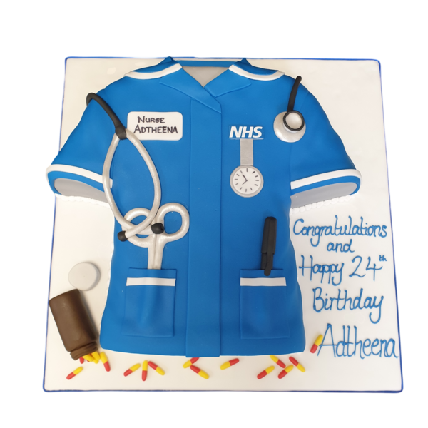 A beautifully decorated cake inspired by a nurse's tunic, adorned with medical symbols and intricate details, perfect for celebrating healthcare professionals.