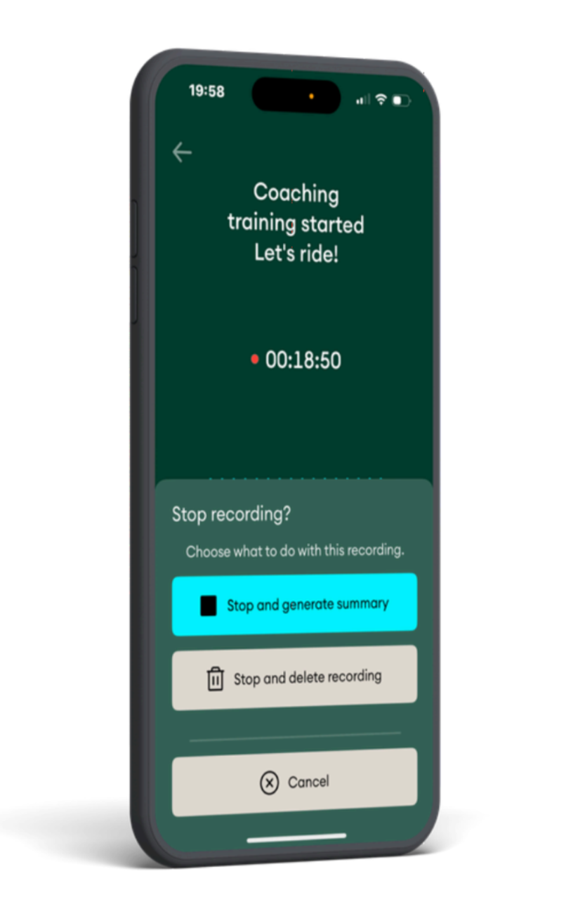 Smartphone screen showing Coaching training started with a recording timer and a Stop recording? menu with summary, delete, and cancel buttons