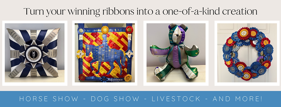 Banner of ribbon art: four award-ribbon crafts, with headline Turn your winning ribbons into a one-of-a-kind creation.