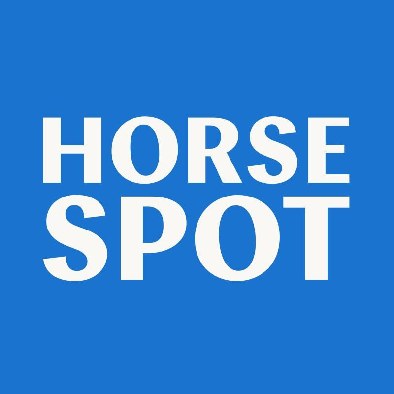 White text "HORSE SPOT" on a blue background. Bold, capitalized letters create a simple, clean design.