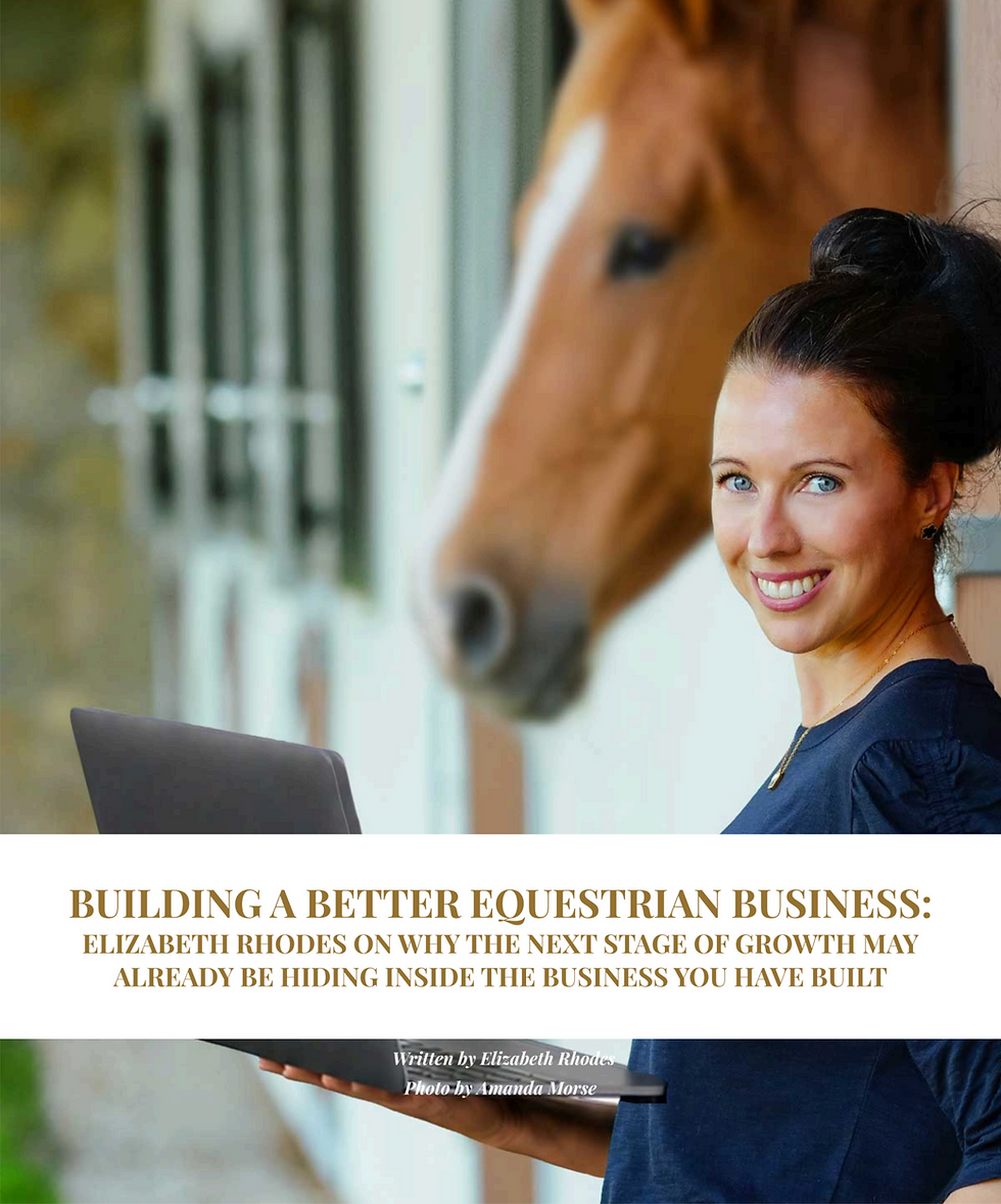 Smiling woman with laptop beside a horse in a stable; headline reads Building a Better Equestrian Business