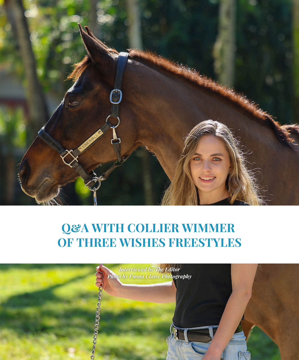 Equine Business Magazine cover showing a smiling woman beside a brown horse outdoors; headline on Collier Wimmer freestyle Q&A.