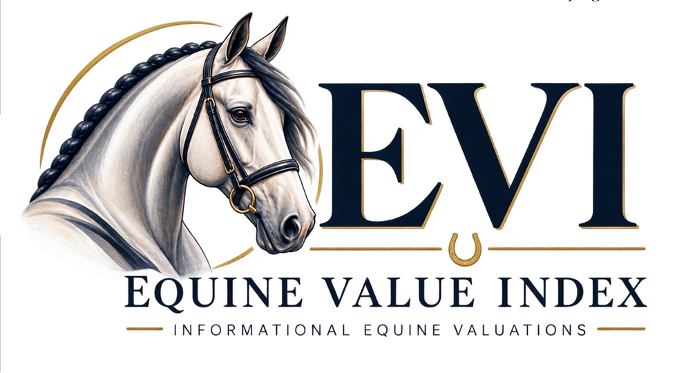 Elegant horse logo with braided white horse and large EVI text, Equine Value Index, on a white background