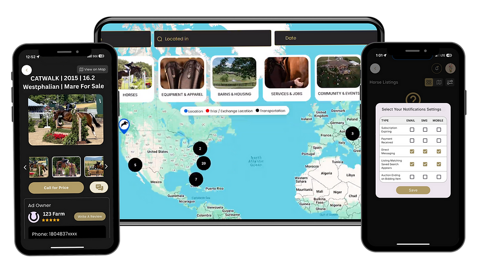 Map with location filters and two smartphones. Left screen shows horse for sale; right displays notification settings. Blue, black, and red pins.