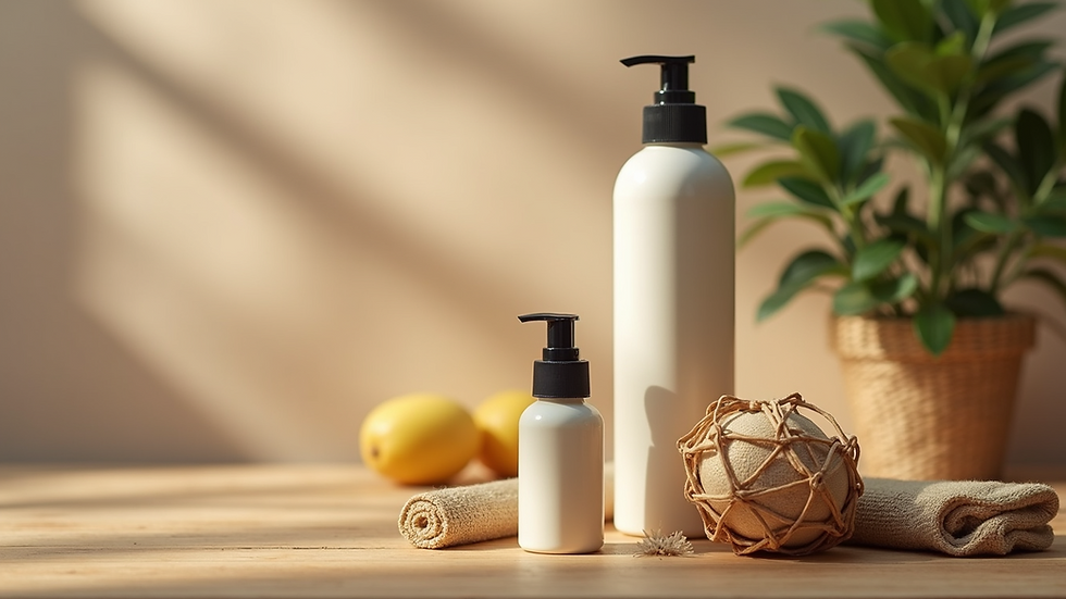 High angle view of eco-friendly personal care products arranged on wooden surface