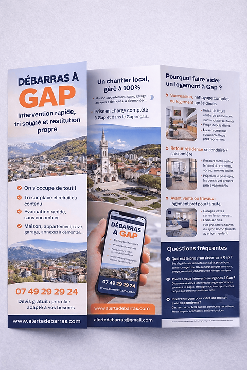 Dépliant Alerte Débarras à Gap (Hautes-Alpes) – débarras maison et appartement, tri, évacuation et remise au propre – 07 49 29 29 24