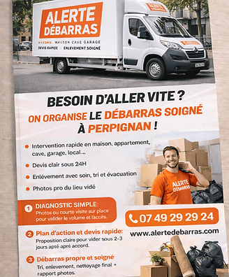 Flyers Camion 20 m³ Alerte Débarras floqué, intervention débarras maison et appartement