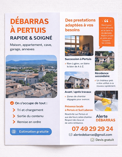 Dépliant Alerte Débarras à Pertuis : services, devis gratuit et contact