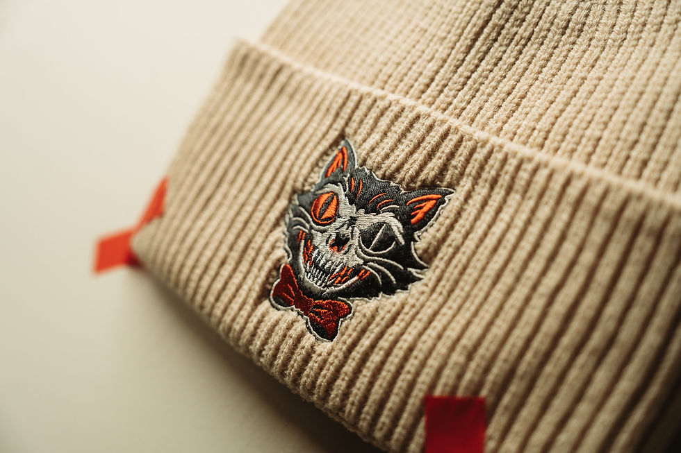 Thumbnail: The Kreepy Cat Embroidered Oatmeal Beanie.