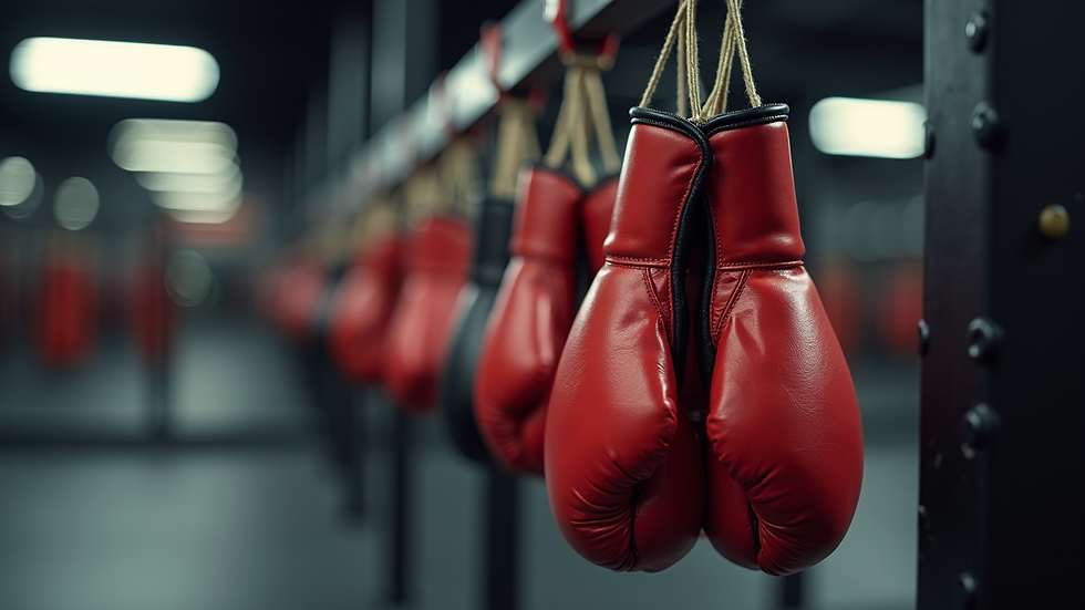 Eye-level view of boxing gloves hanging on a gym rack