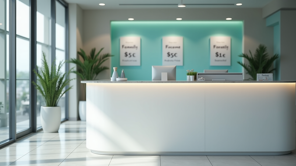 Eye-level view of a modern clinic reception desk with clear pricing displayed