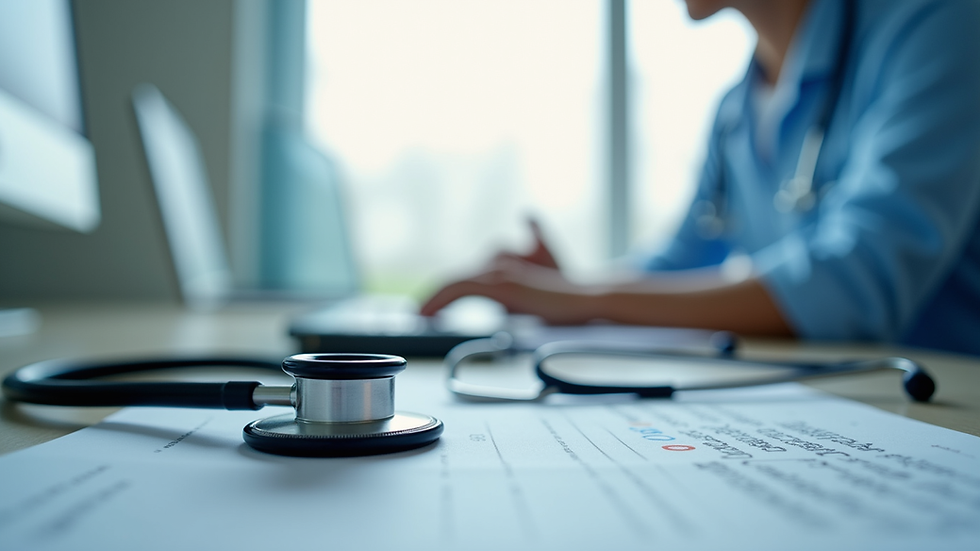 Close-up view of a doctor’s office with a stethoscope and medical chart on the desk
