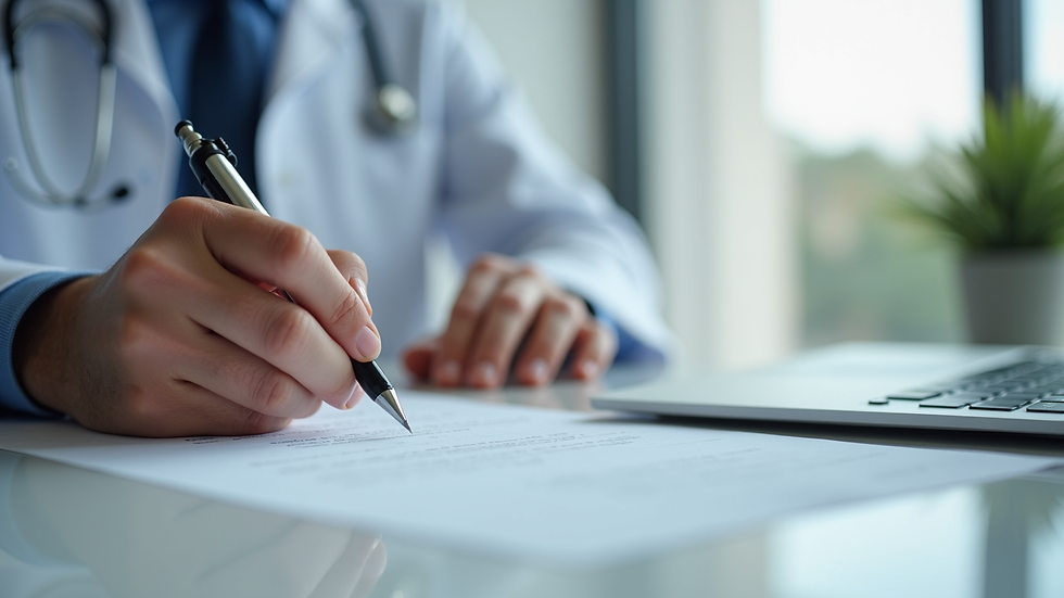 Close-up view of a doctor’s hand writing notes during a patient consultation
