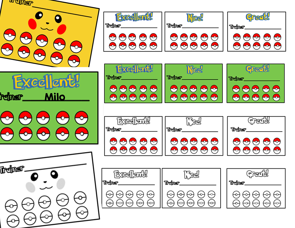Pokemon-themed behavior punch cards in color and blackline versions for classroom rewards and positive behavior incentives.