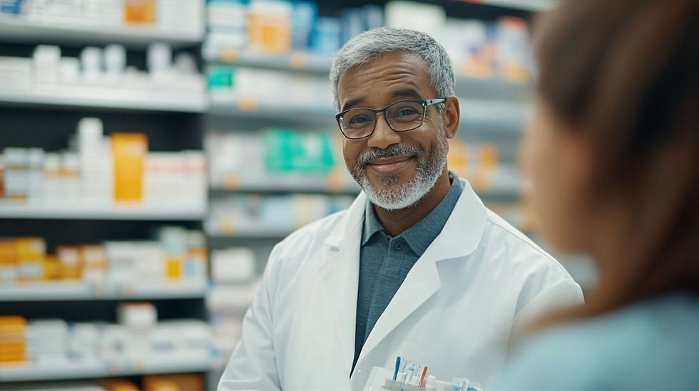 Customer at a pharmacy counter receiving a prescription bag with local business advertisements, showcasing inexpensive marketing engagement.