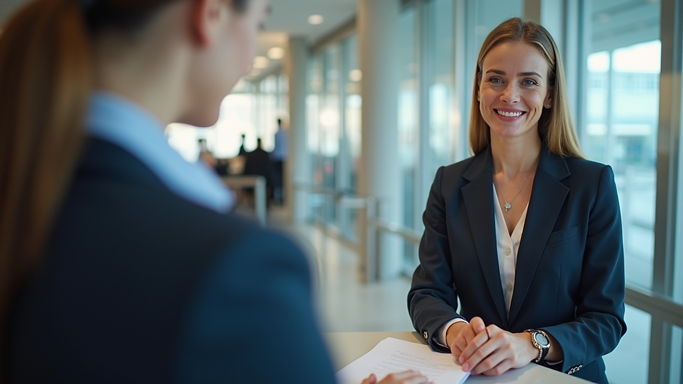 Eye-level view of a travel agent assisting a customer
