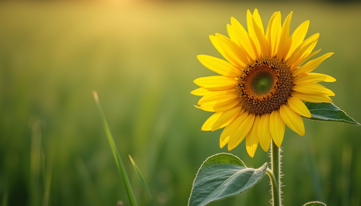 Eye-level view of a single blooming sunflower standing tall in a green field