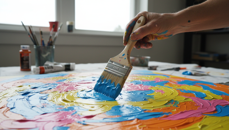 Close-up view of paint-covered hands holding a brush over a bright canvas.