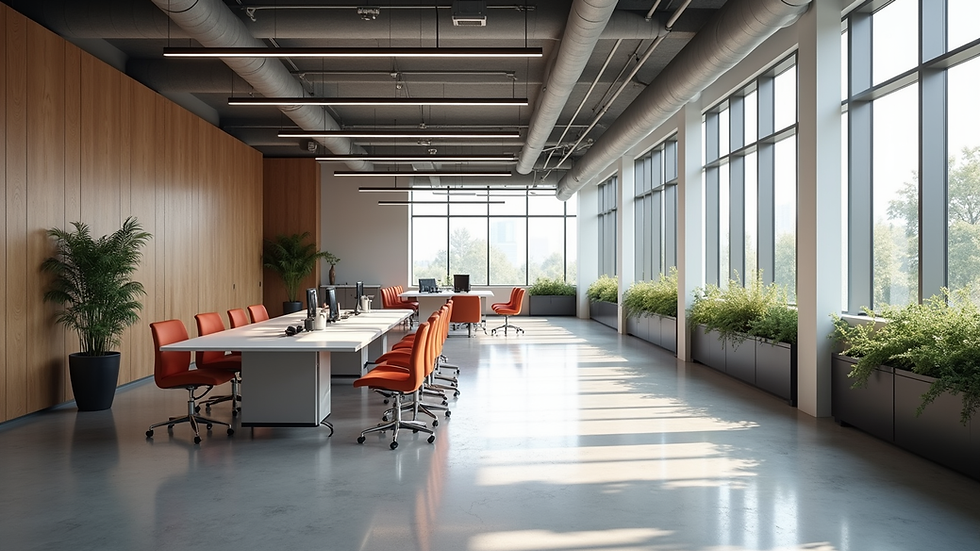 Wide angle view of a modern workspace with innovative design