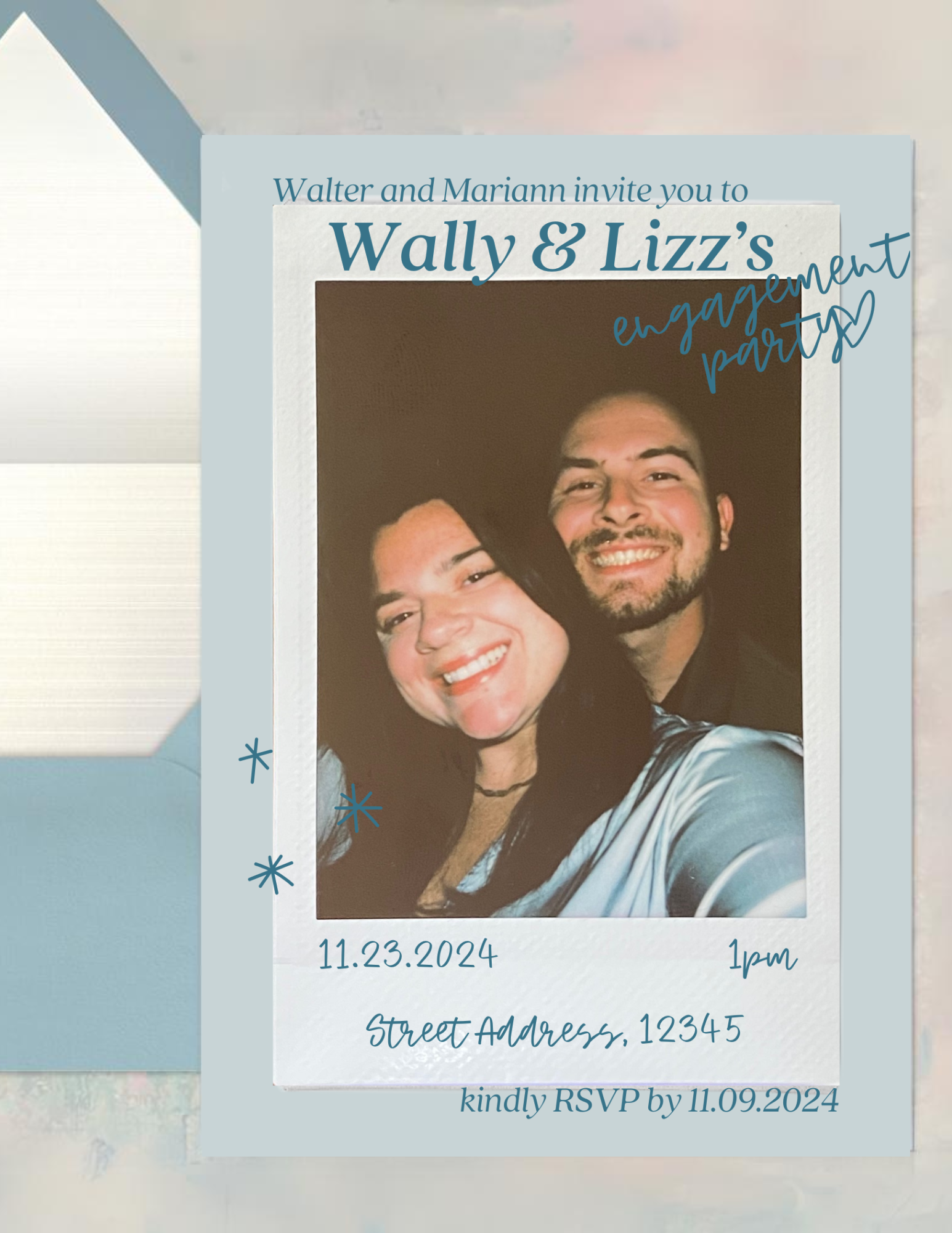 Engagement Party Invitation, Polaroid, Doodles, Template, Editable