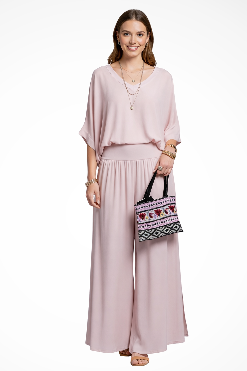 Thumbnail: Women's 2-Piece Set - Overlay V-Neck Top and Wide Leg Trousers