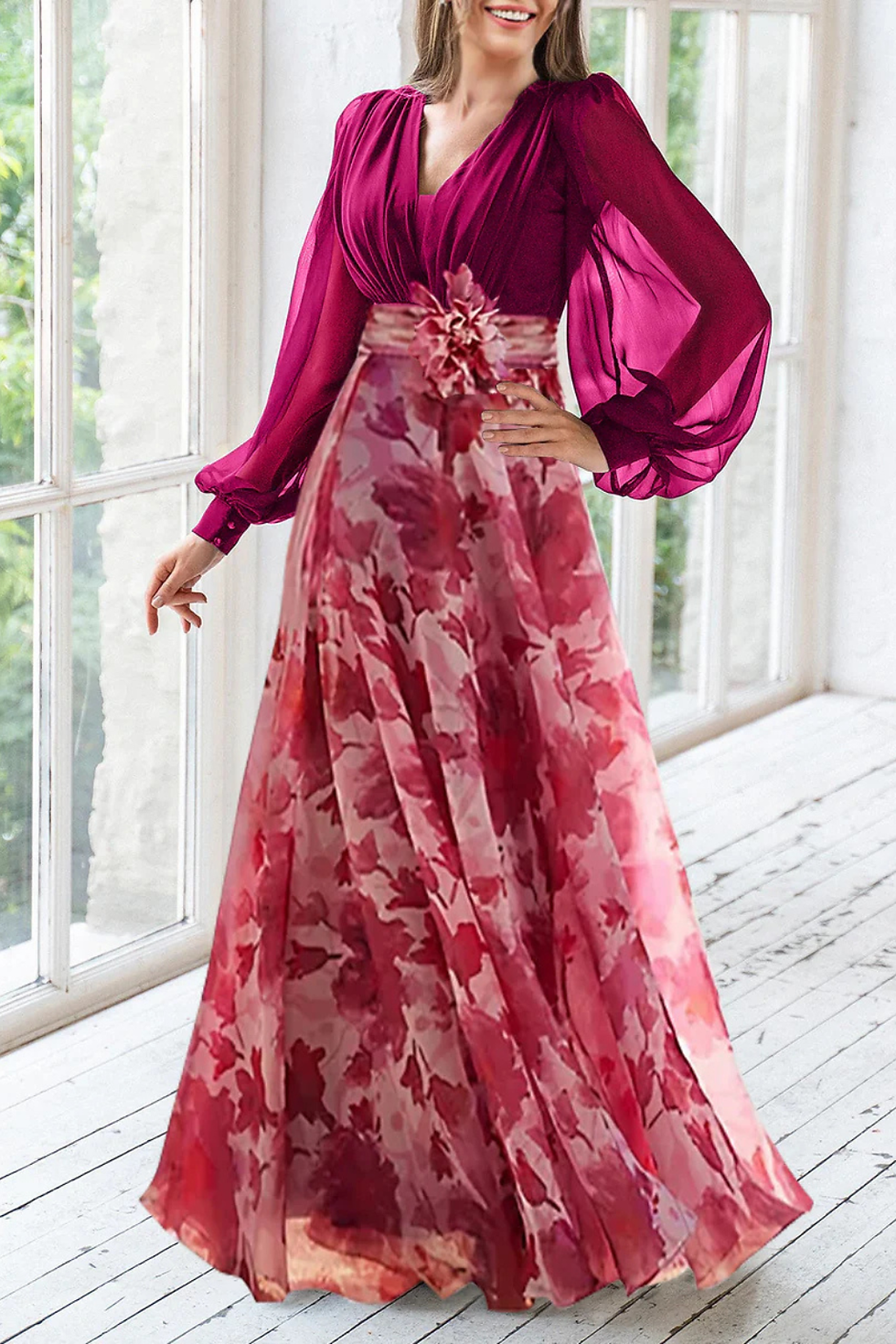 Thumbnail: Women's Floral Maxi Dress Balloon Sleeve V Neck Wedding Guest