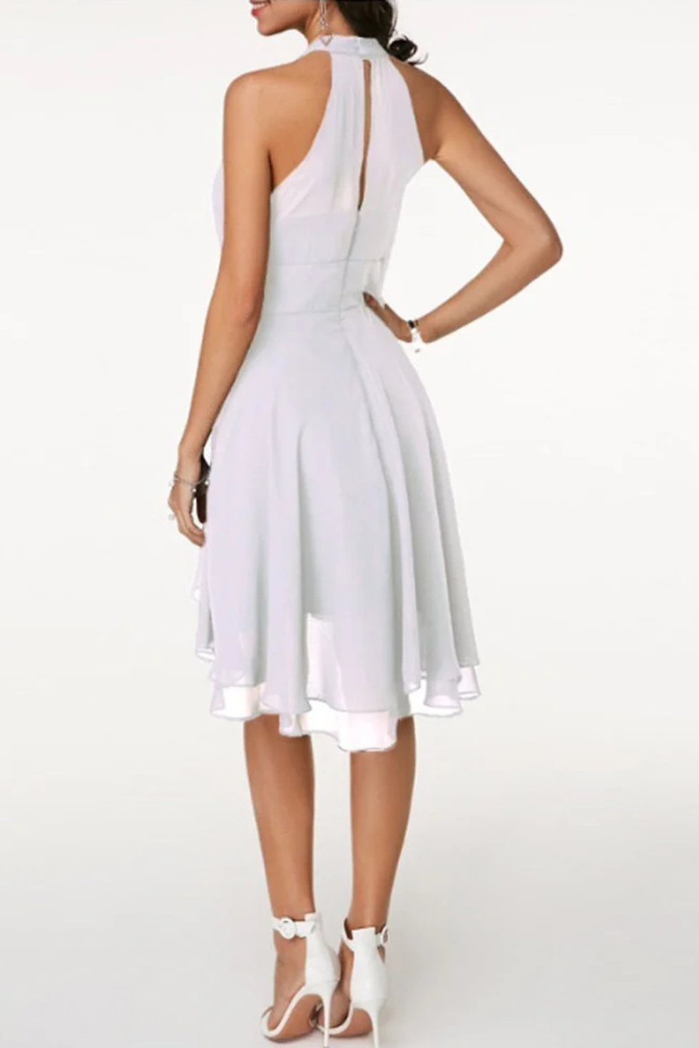 Thumbnail: Women's High Neck Mini Skater Dress - Ruched Bodice and Layered Skirt Detail