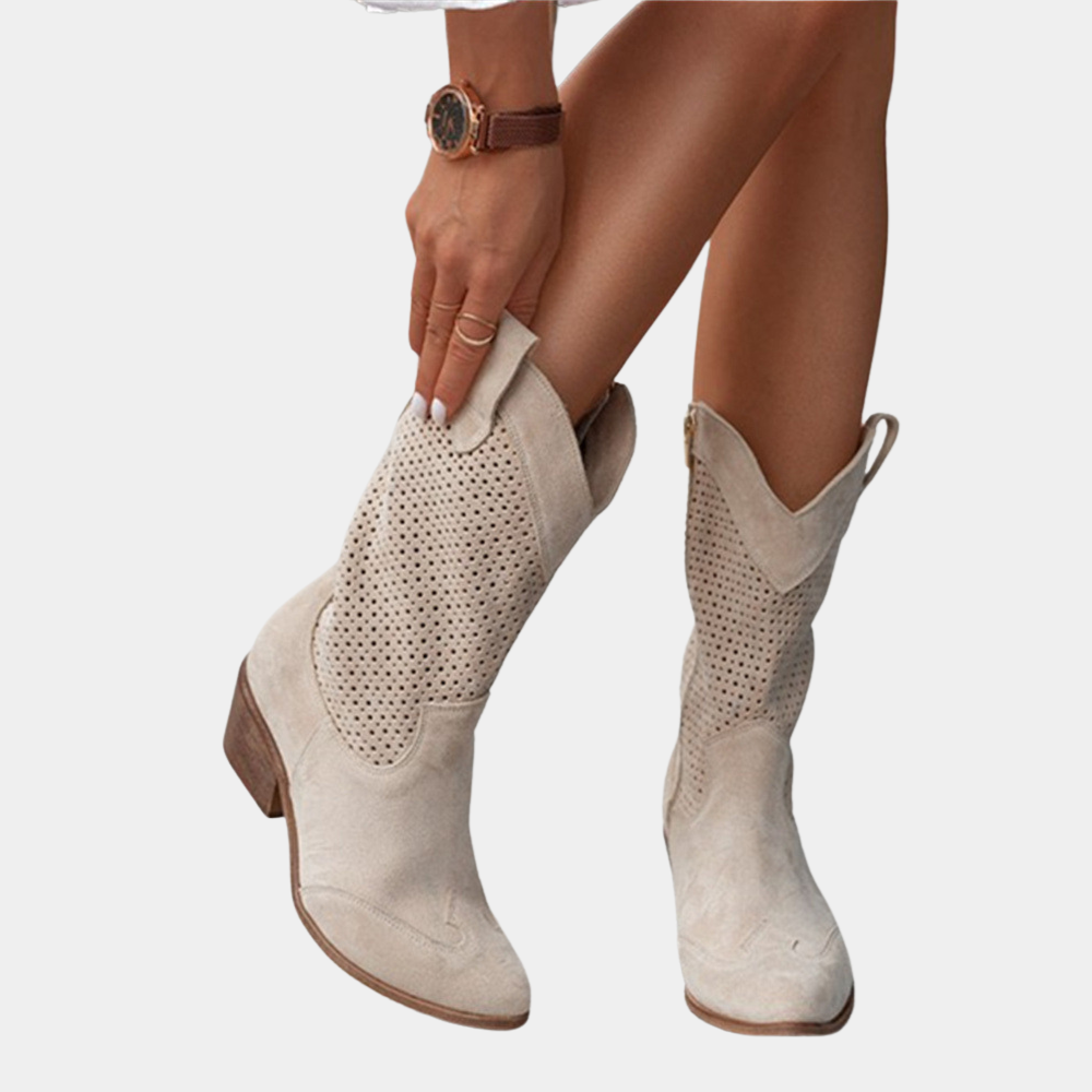 Women's Cowboy Boots Ankle Western Perforated Block Heel