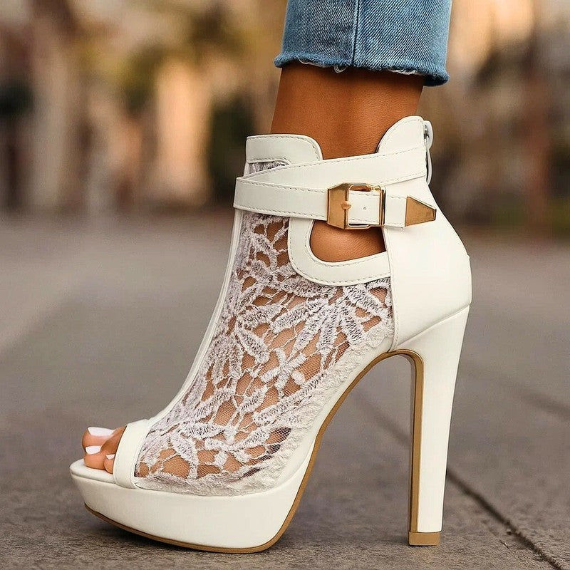 Thumbnail: Women's Lace Panel Platform Heels Peep Toe and Buckle Fastening