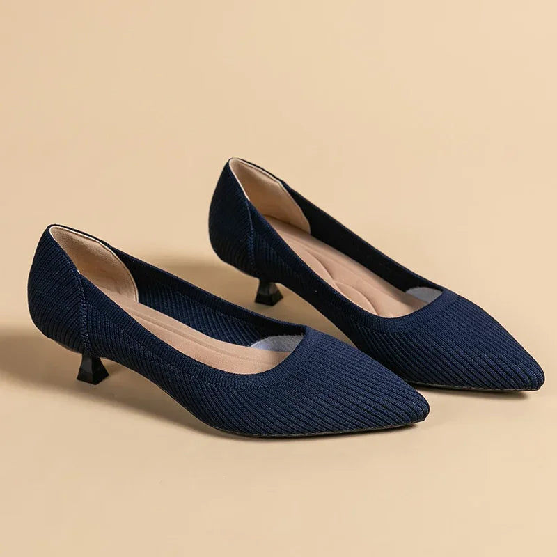 Women's Kitten Heels - Pointed Toe Ribbed Knit and Padded Insole Detail