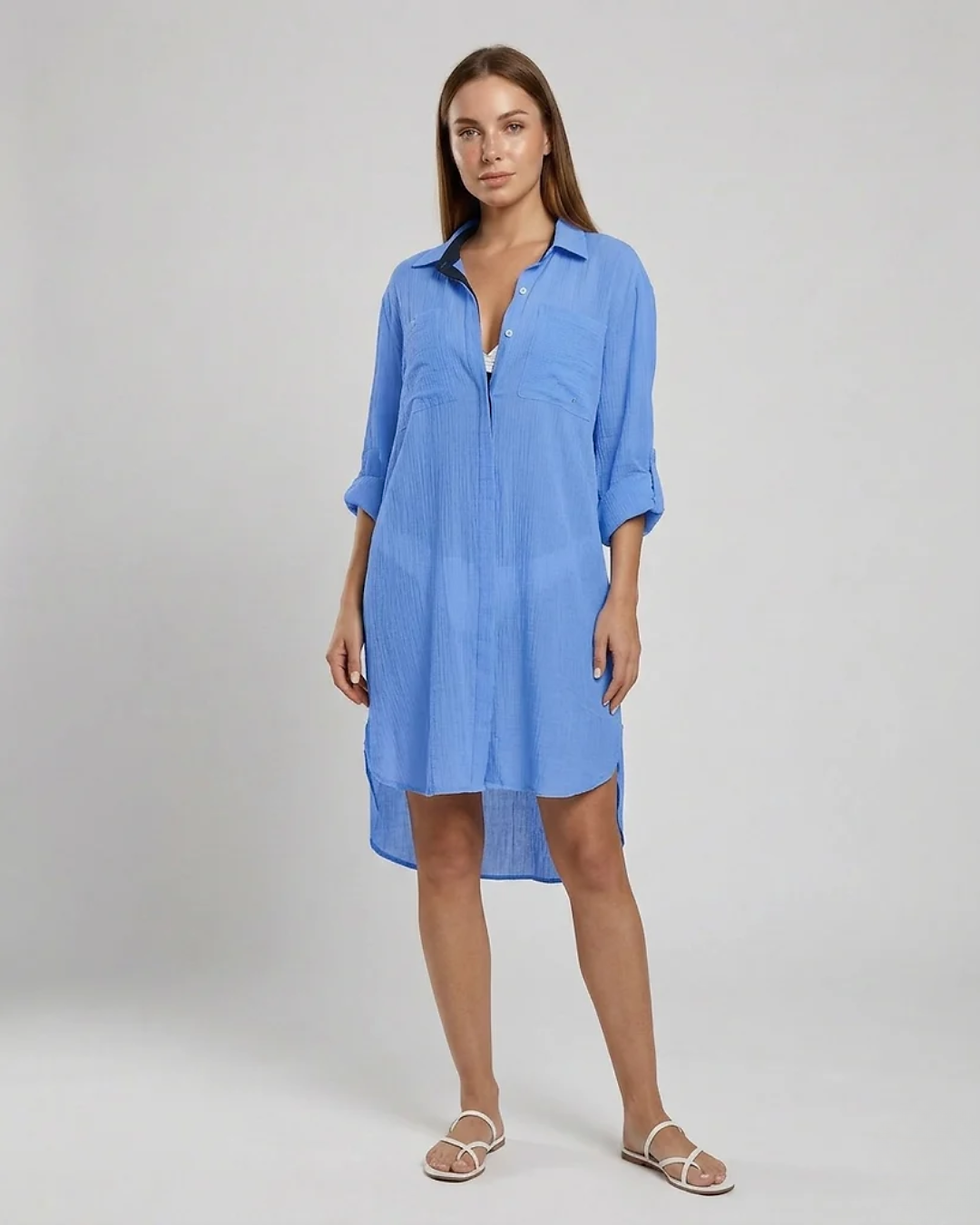 Thumbnail: Women's Button-Down Cover-Up Mini Dress - Dual Chest Pockets