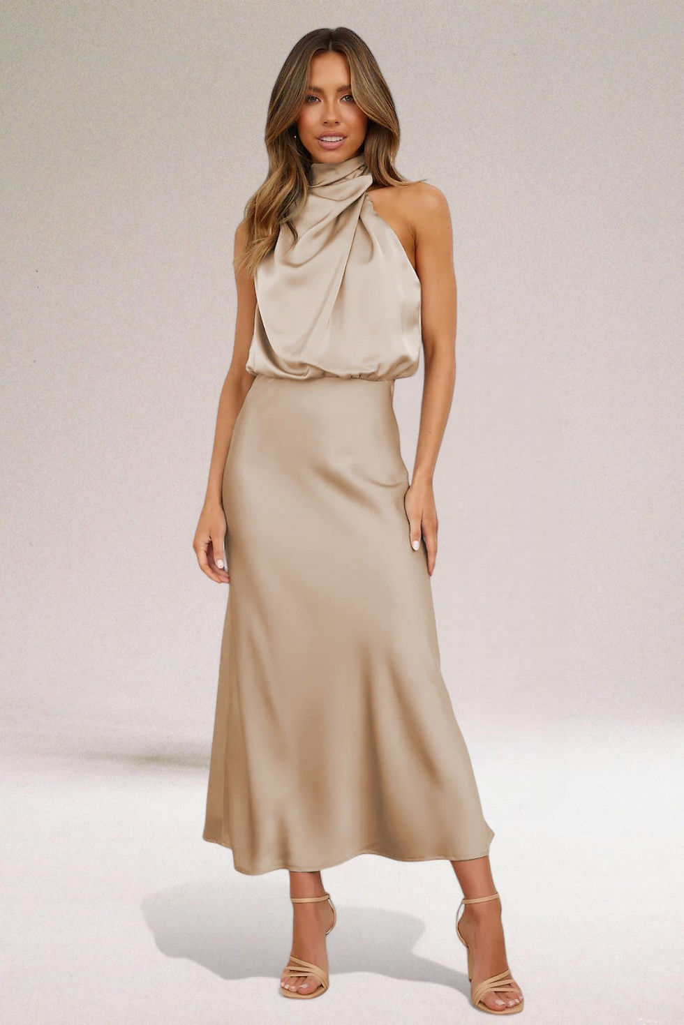 Thumbnail: Women's Cowl Neck Sleeveless Midi Dress - Silky Draped Finish