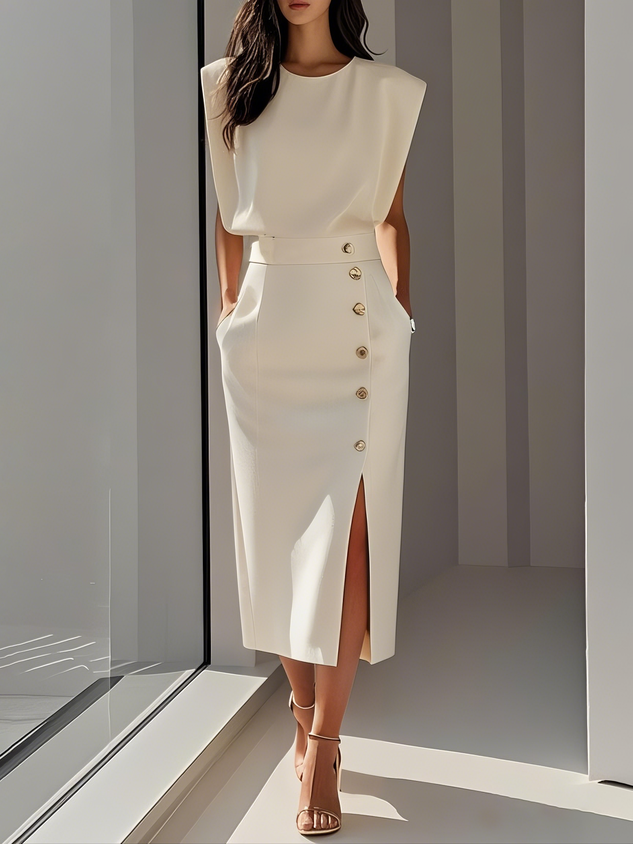 Women's Midi Dress Column Dress with Asymmetrical Side Button Mock Wrap Skirt