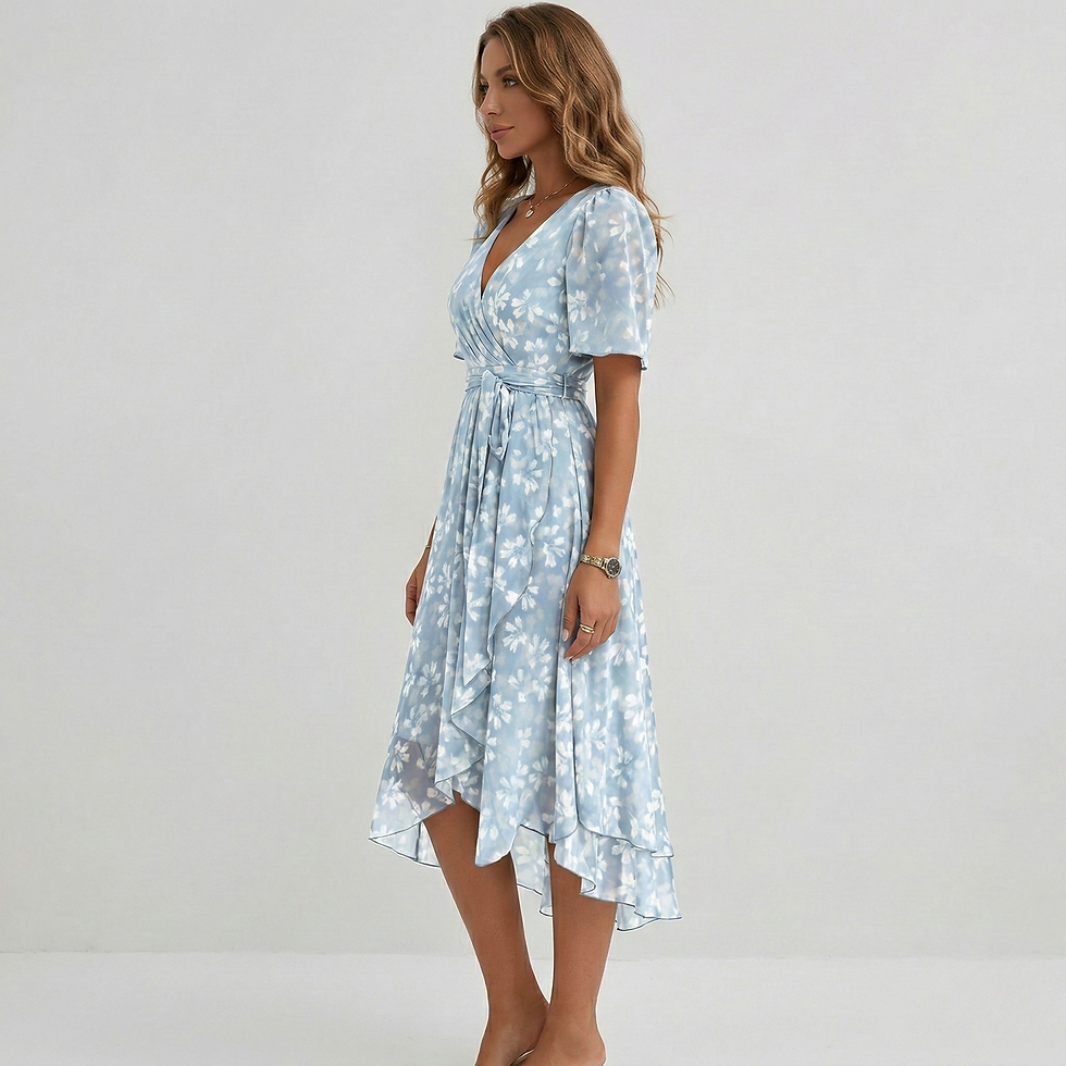 Thumbnail: Women Floral Print Wrap Midi Dress Short Sleeve A-Line