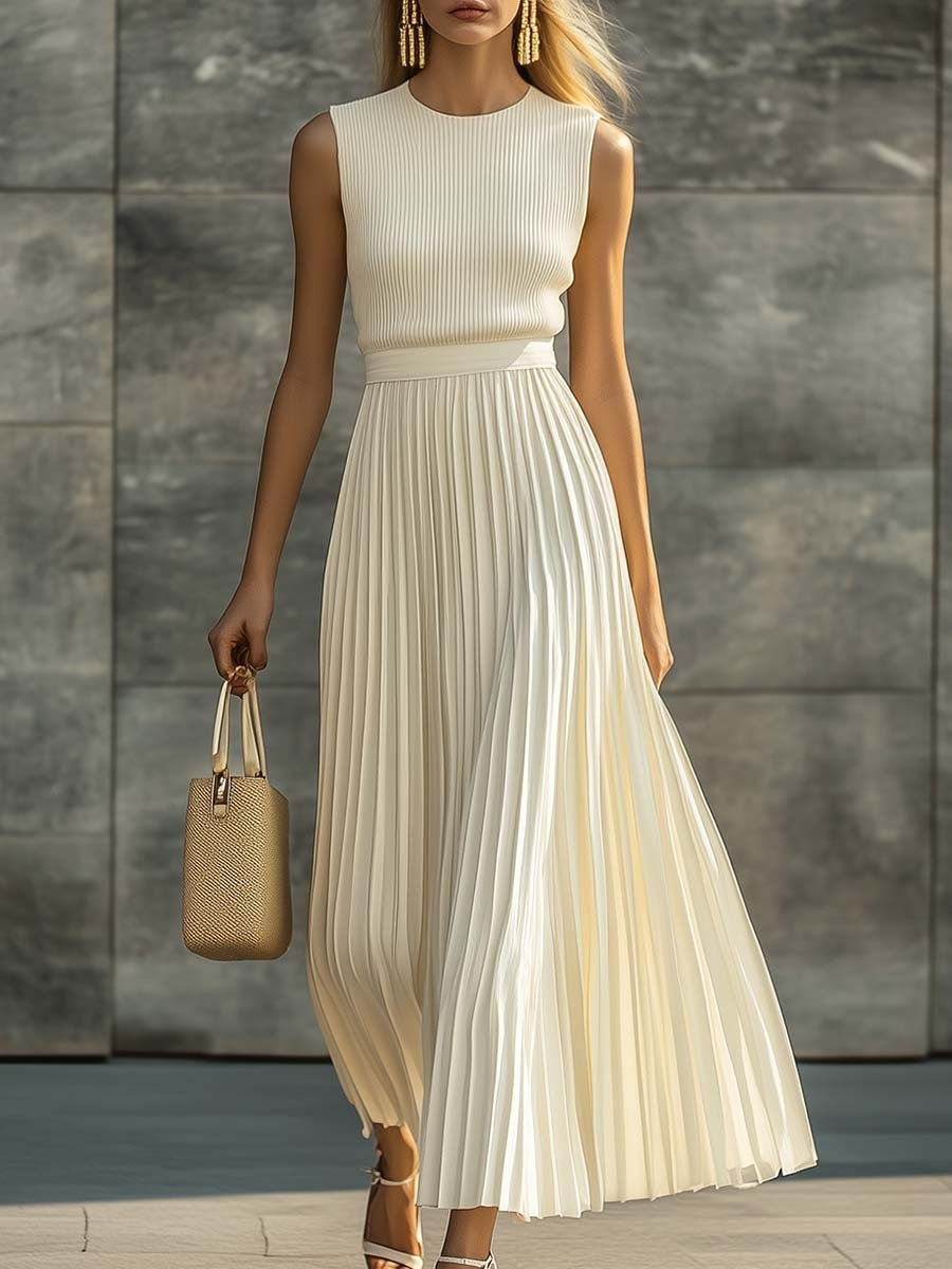 Women's Cream Sleeveless Pleated Midi Dress Knit Bodice and Flowing Skirt