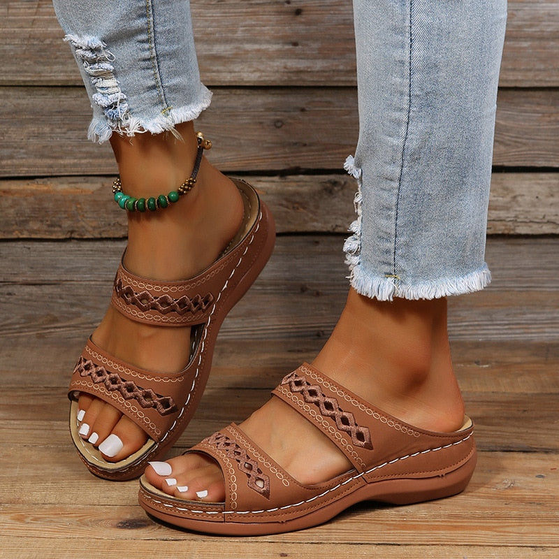 Thumbnail: Women's Double Strap Slip-On Sandals - Cushioned Sole Design