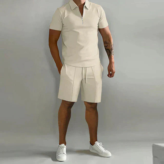 Men's 2-Piece Set - Quarter-Zip Polo Shirt and Drawstring Shorts