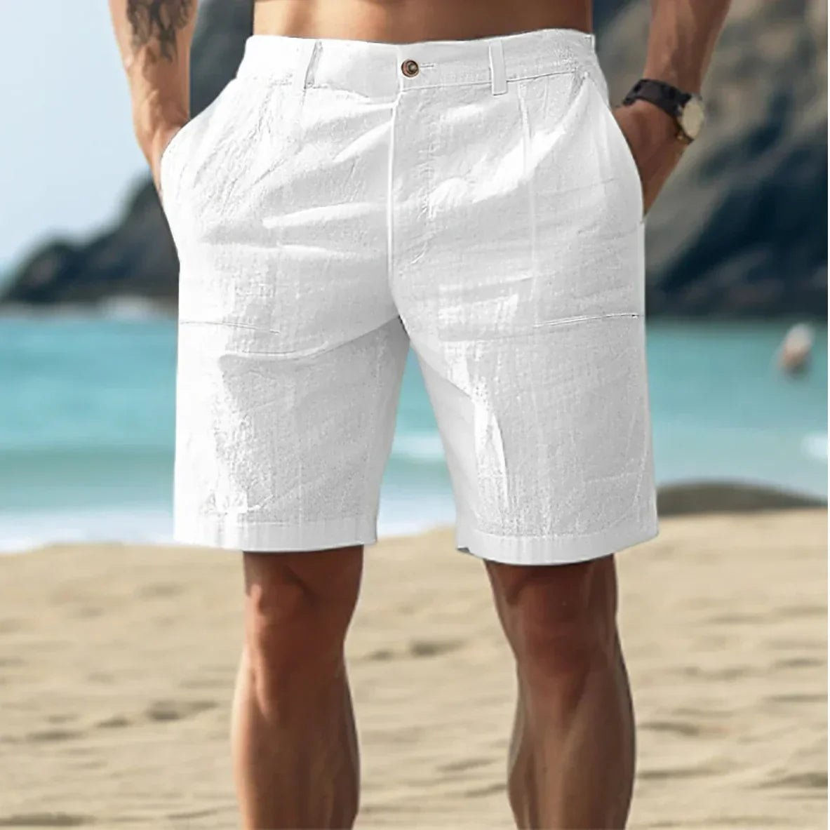 Men's Linen Shorts - Button Fastening and Side Pockets