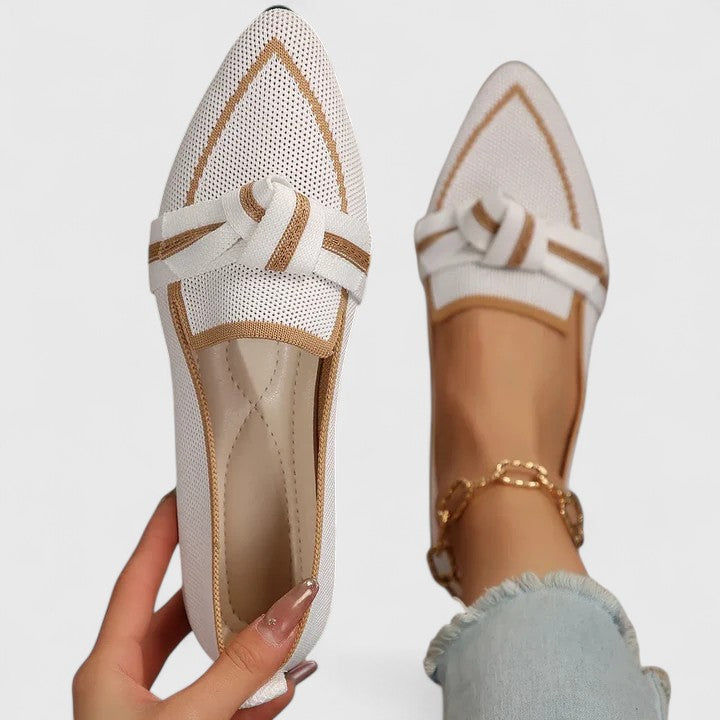 Thumbnail: Women's Pointed-Toe Knit Loafers - Striped Knot Detail and Cushioned Sole