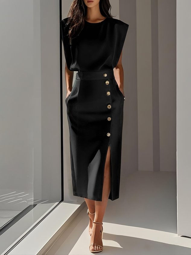 Women's Midi Dress Column Dress with Asymmetrical Side Button Mock Wrap Skirt