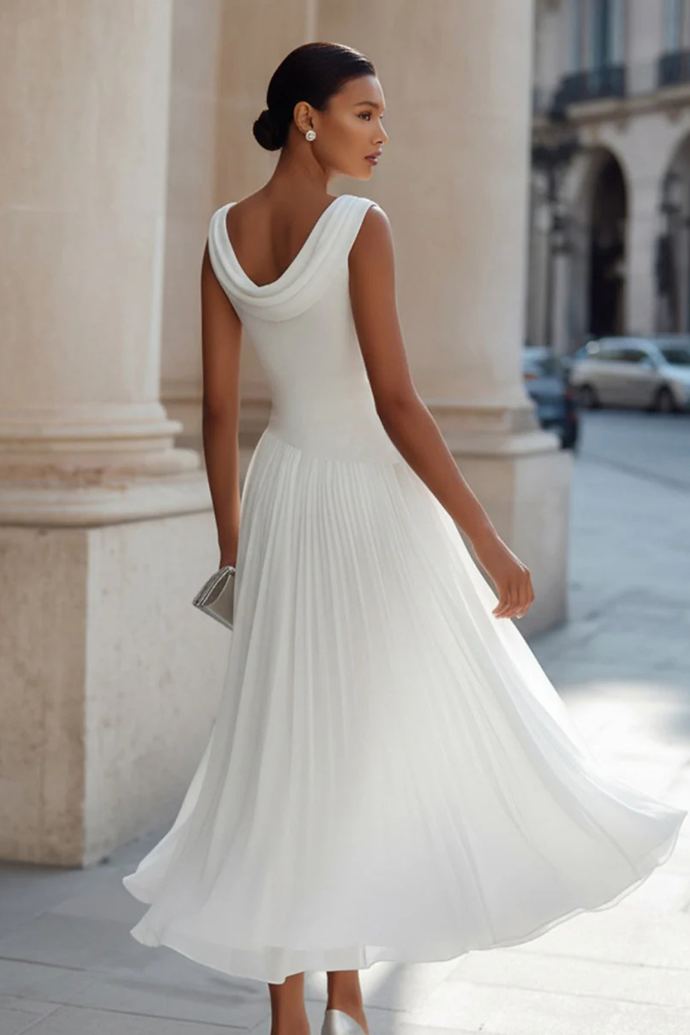 Women's Midi Dress - Boat Neck and Pleated A-Line Skirt