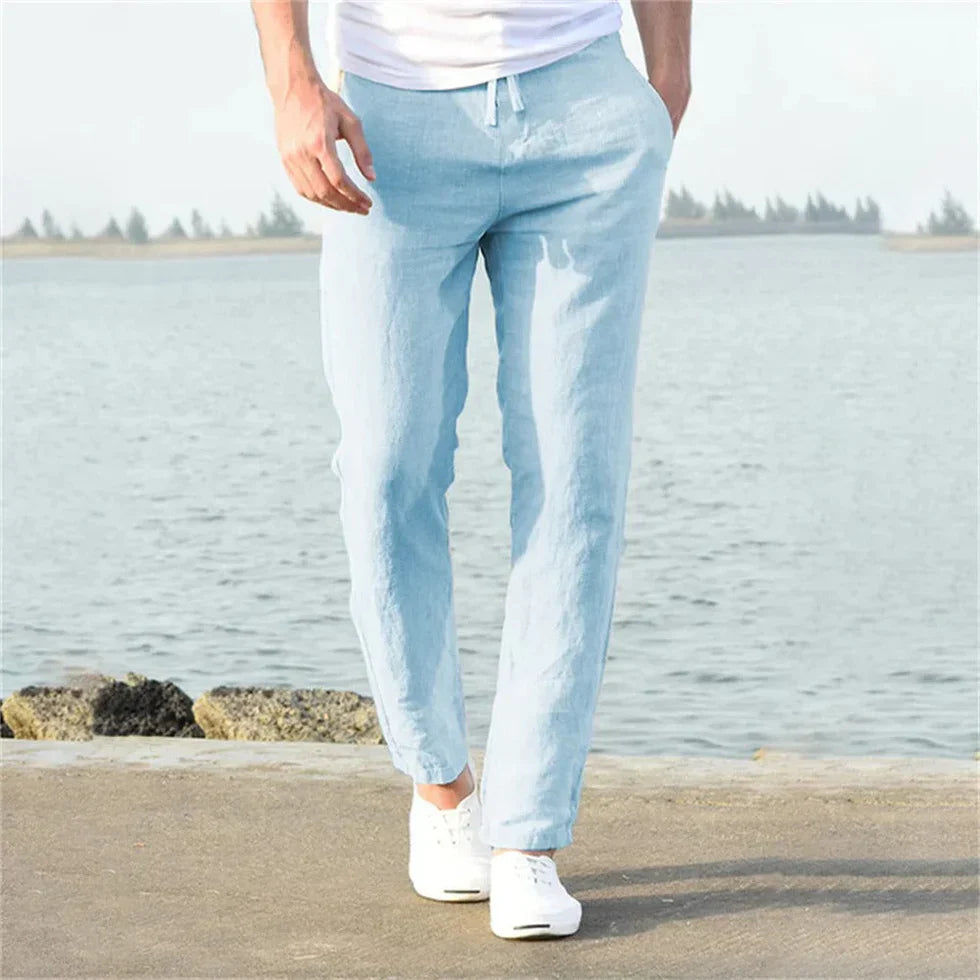 Thumbnail: Men's Straight Leg Elastic Waist Trousers - Lightweight Linen