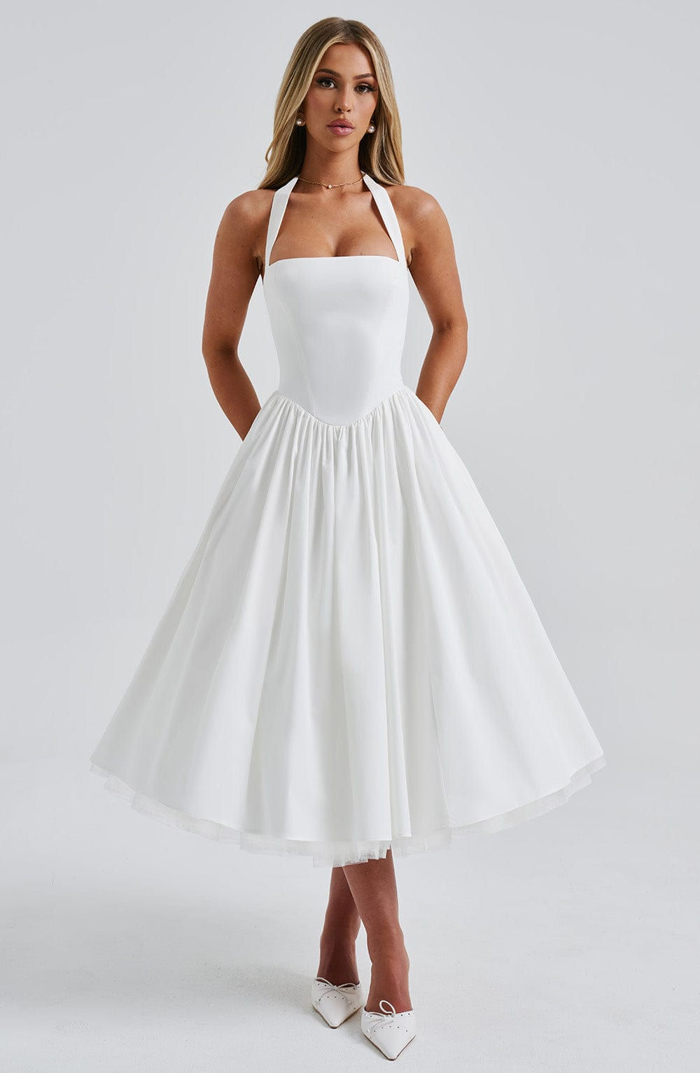 Women's Halter Pleated Midi Dress - Smocked Bodice