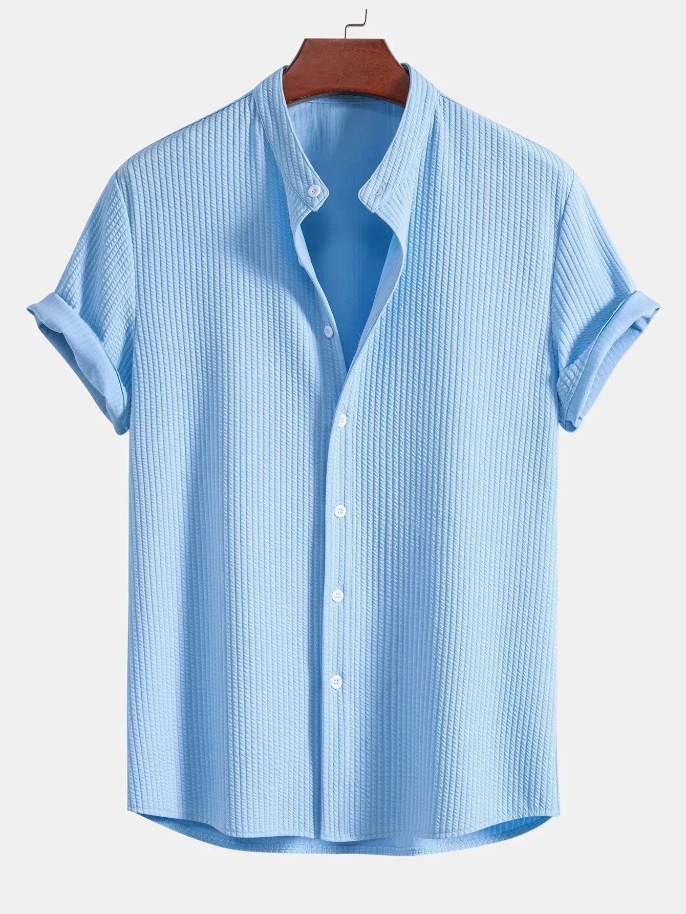 Men's Button Down Mandarin Collar Shirt - Ribbed Texture Weave